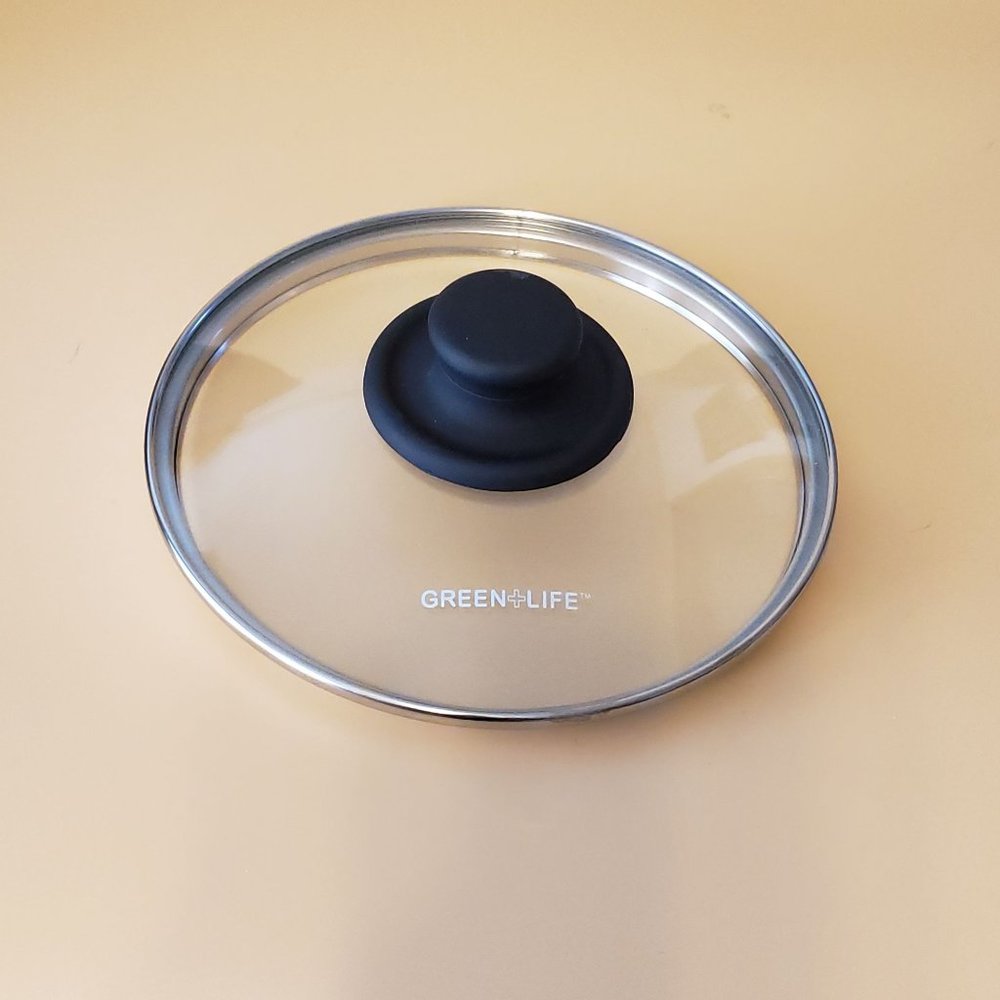 7" Green Life Clear Glass Lid Black Handle Pre-owned
